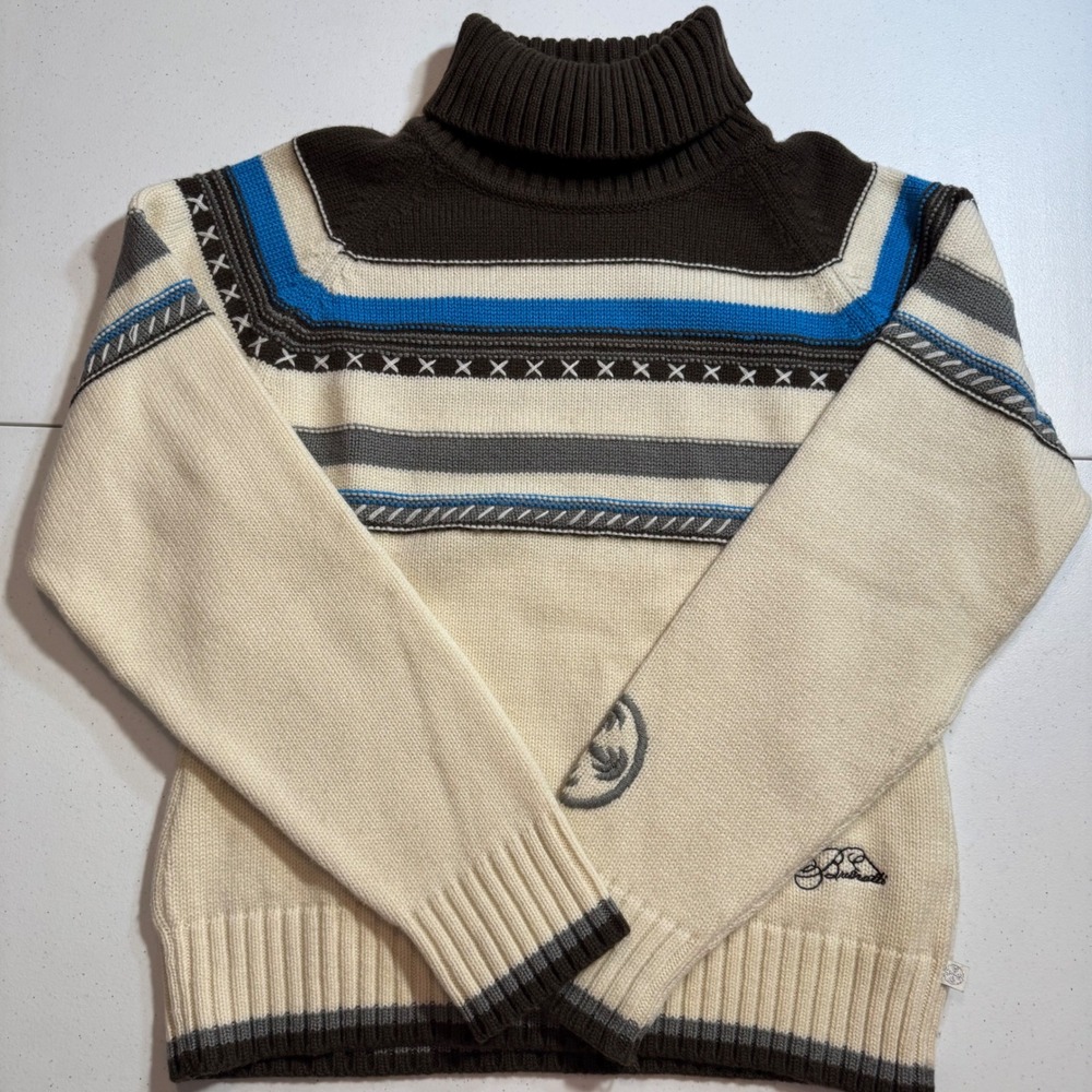 RARE Wool blend‎ Brunotti XL Turtleneck Ski Heavy Sweater Cream Brown Blue Logo